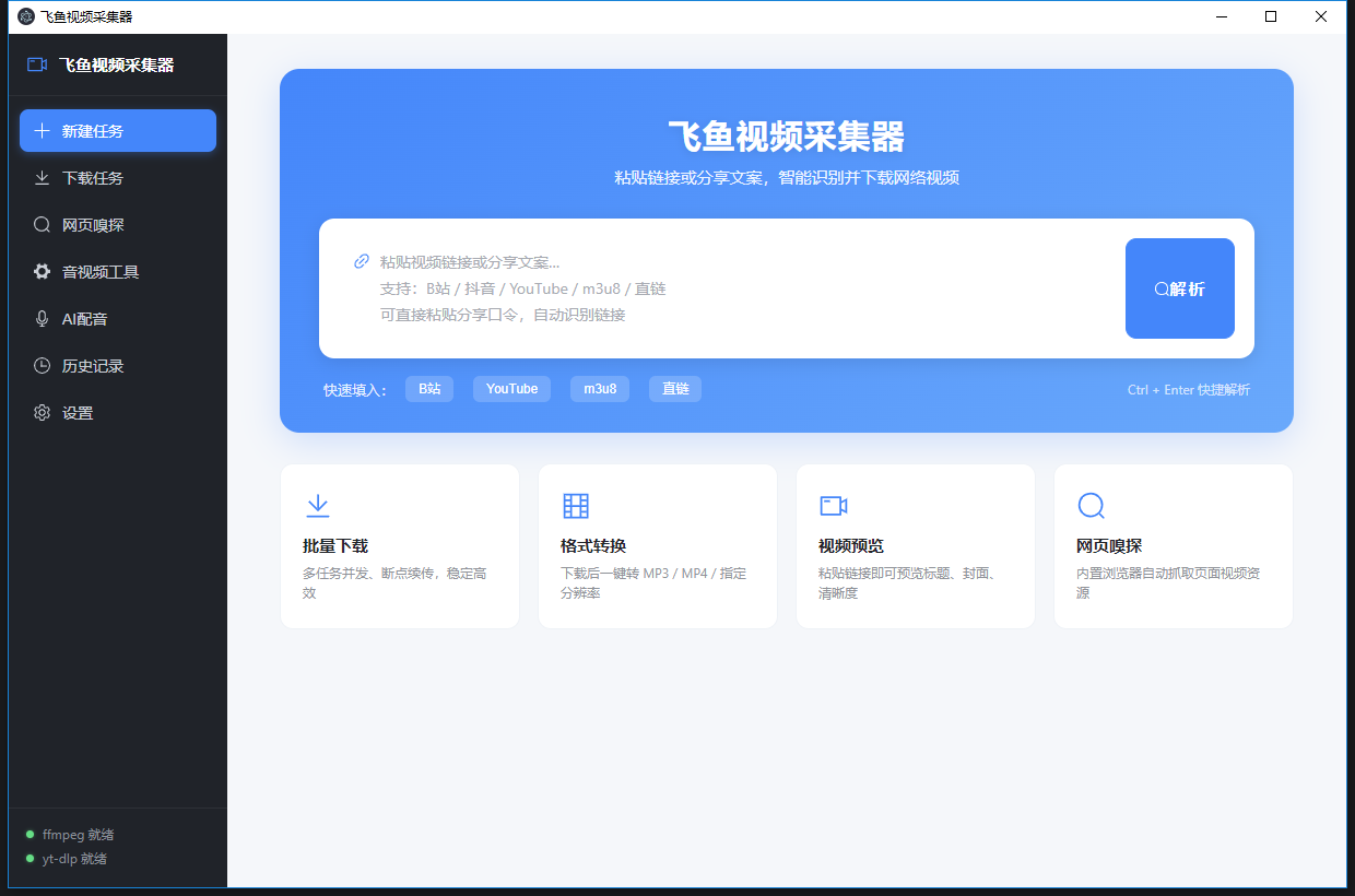 飞鱼视频采集器主界面：粘贴链接即可解析下载网络视频